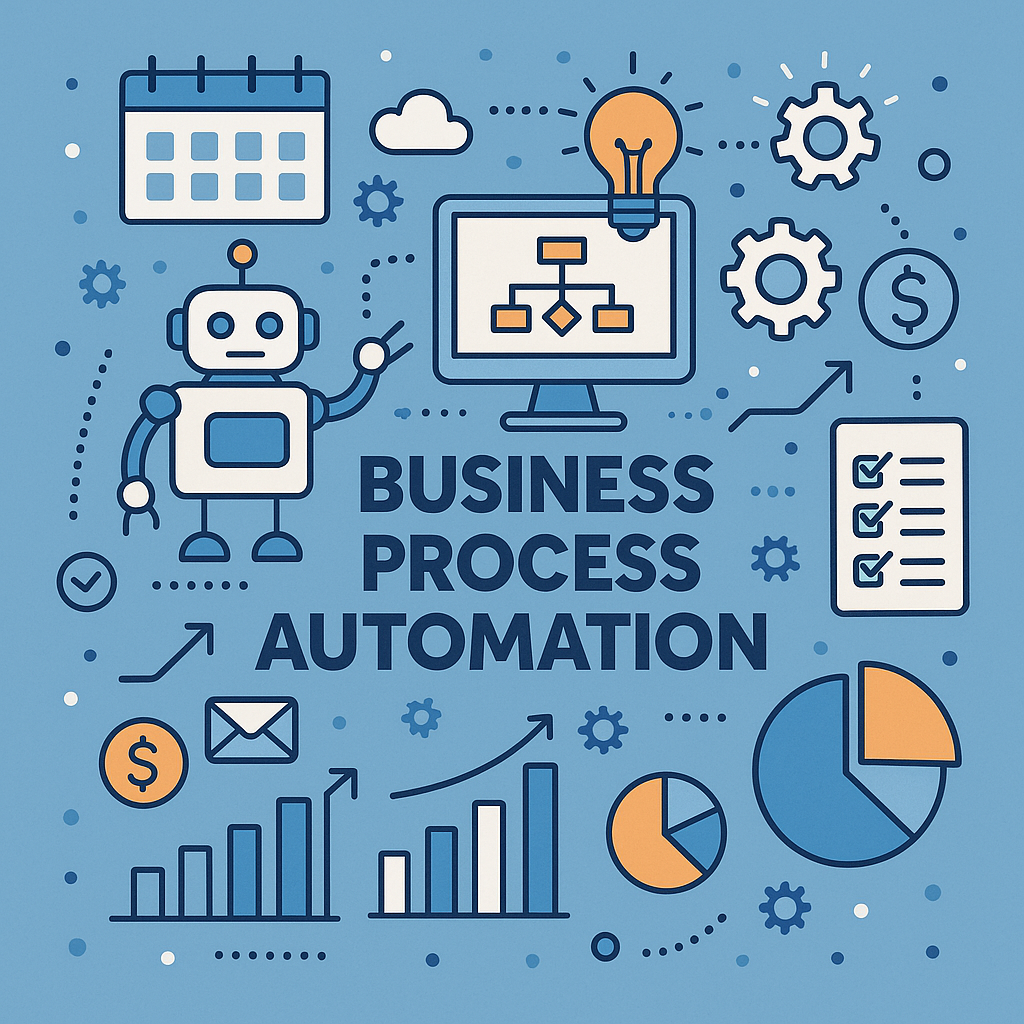 Illustration of business process automation with robots and workflows